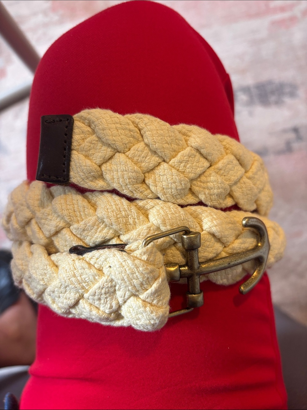 Braided Canvas Anchor Belt in Cream with brass anchor buckle.